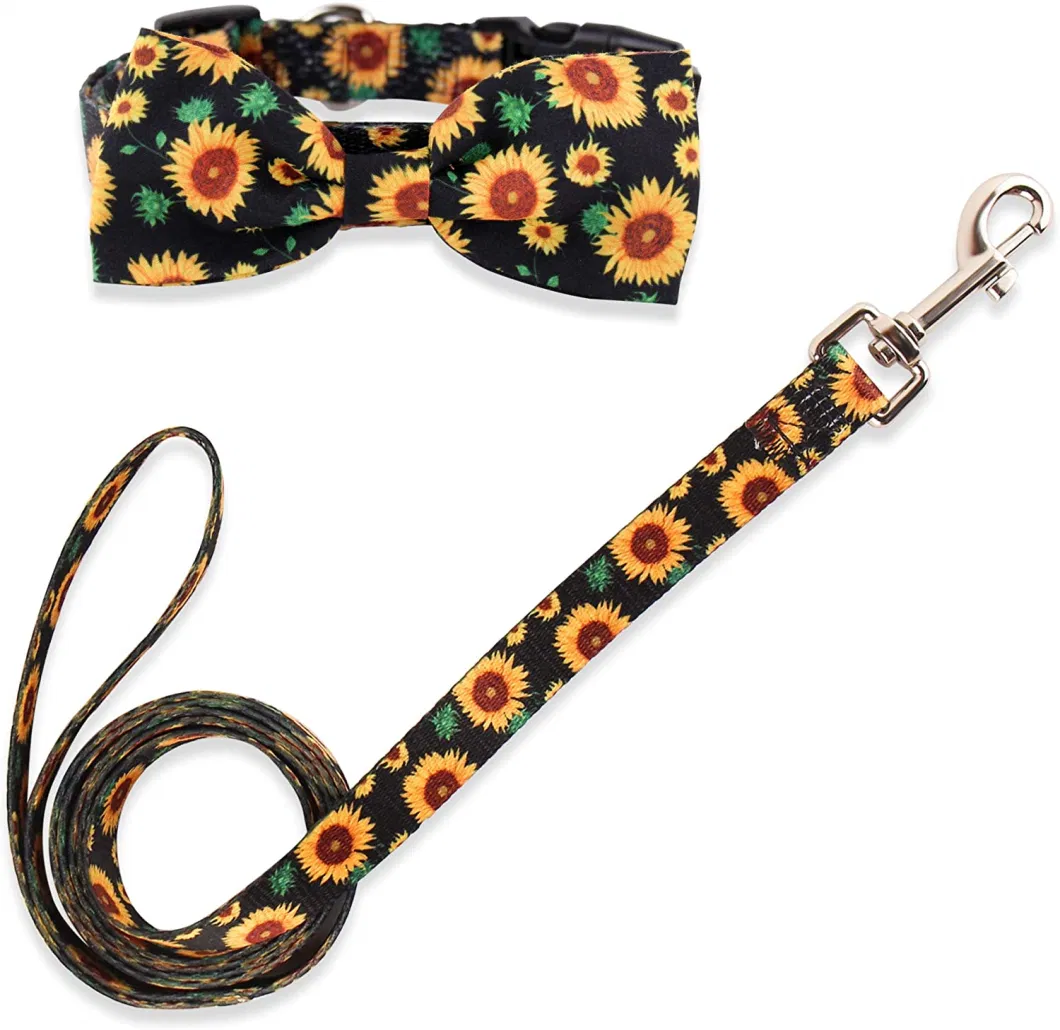 2-Sunflower in Black Bow Tie Dog Collar and Leash Set,Adjustable Cute Plaid Soft Dog Bowtie Collar Bandana and Leash, Dog Accessories for Small Medium Dogs Cats